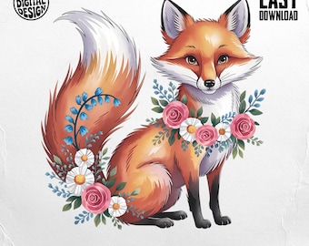 Floral Fox PNG, Fox Clipart, Flower Fox Png, Boho Fox, Watercolor Fox, Sublimation Png, Digital Download