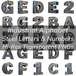 Könnte beinhalten: Ein Satz industrieller Alphabetbuchstaben und -zahlen aus Stahl. Die Buchstaben und Zahlen sind im 3D-Stil gehalten und haben eine metallische Oberfläche. Die Buchstaben und Zahlen sind in einem Raster angeordnet. Die Buchstaben und Zahlen sind alle in Großbuchstaben. Die Buchstaben und Zahlen sind alle in einer serifenlosen Schriftart. Die Buchstaben und Zahlen sind alle fett gedruckt. Die Buchstaben und Zahlen sind alle in Schwarzweiß gehalten. Die Buchstaben und Zahlen sind alle in hoher Auflösung. Die Buchstaben und Zahlen sind alle im transparenten PNG-Format.