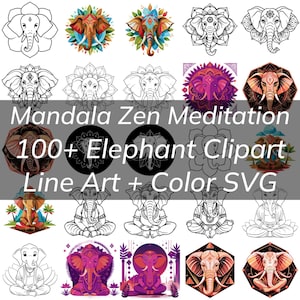 May include: A set of 20 colorful and black and white digital clipart images featuring elephants in various poses, including sitting, standing, and meditating. The elephants are surrounded by mandalas and floral designs. The text "Mandala Zen Meditation 100+ Elephant Clipart Line Art + Color SVG" is displayed at the top of the image.