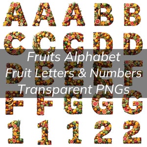 Fruits Alphabet Bundle, Fruit Letters & Numbers, Transparent PNG, Pineapple, Orange, Banana, Grapes, Watermelon, Kiwi Alphabet Kitchen Decor
