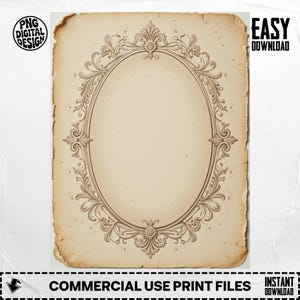 May include: A vintage-style digital design featuring a beige oval frame with ornate brown scrollwork. The frame is set against a textured, aged paper background. The design includes the text "PNG DIGITAL DESIGN" and "EASY DOWNLOAD".
