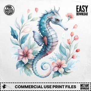 Seahorse PNG, Seahorse Clipart, Floral Seahorse, Ocean Png, Watercolor Png, Sublimation Png, Digital Download