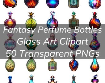 50 Fantasy Perfume Bottle Clipart Bundle, Rainbow, Colorful Glass, Ornate Bottle, Junk Journals, Digital Download, 300 DPI Transparent PNGs