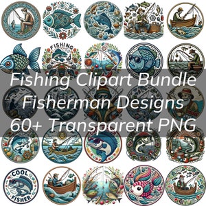 60+ Embroidery Fishing Clipart Bundle, Faux Embroidered Fisherman Clip Art , Transparent PNGs, Fishers, Bass Fishing, Fish and Sea Lovers