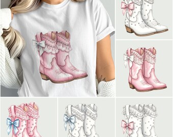 6 Cowgirl Boots PNG Bundle, Cowgirl Clipart, Pink Boots, White Boots, Digital Download, Sublimation PNG, Cowgirl Coquette Style Bow PNG