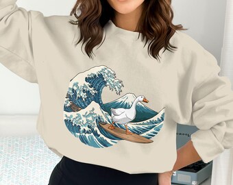 Ganso surfista PNG, A Grande Onda PNG, Ganso engraçado, Download digital, Prancha de surfe, Arte digital de ganso, Estampa para camiseta, Ganso fofo PNG
