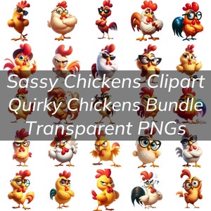 Ensemble de 50 cliparts poulets originaux impertinents, PNG transparents, dessins clipart poulet drôle, affiches, enseignes, T-shirts poulet drôle PNG
