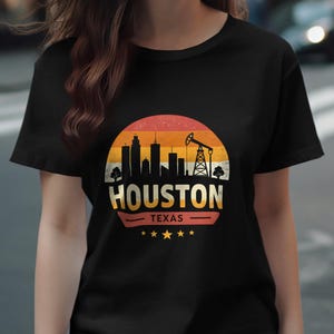 Vintage Houston Texas T-Shirt, Retro-Stadtbild Design T-Shirt, Houston Skyline Grafik-Shirt, Texas Oil Bohrinsel Kunst T-Shirt, Unisex Casual Top