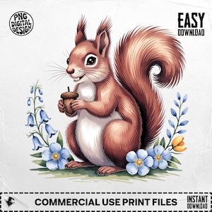 Écureuil PNG, Clipart écureuil, écureuil floral, gland Png, Png animal, Png par sublimation, téléchargement numérique