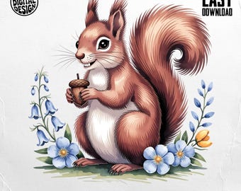 Squirrel PNG, Squirrel Clipart, Floral Squirrel, Acorn Png, Animal Png, Sublimation Png, Digital Download