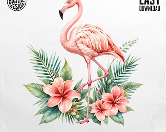 Flamingo PNG, Pink Flamingo Clipart, Floral Png, Hibiscus Png, Tropical Flamingo, Sublimation Png, Digital Download