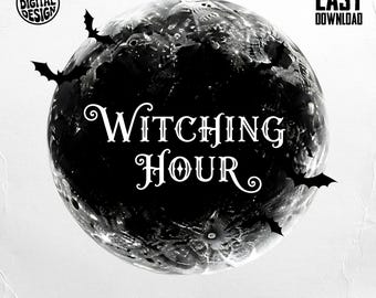 Witching Hour PNG, Halloween Png, Moon Png, Bat Png, Spooky Png, Digital Download, Sublimation Png