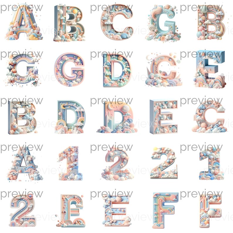 Dreamy Pastel Alphabet Letters and Numbers PNG Files - Colorful 3D ...