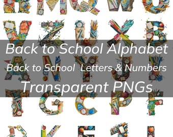 Pacchetto alfabeto per il ritorno a scuola, lettere e numeri per il ritorno a scuola, PNG trasparenti, tazze acquerello per il ritorno a scuola, biglietti, magliette, disegni