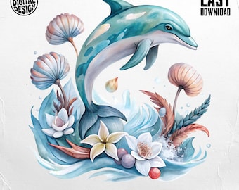 Dolphin PNG, Dolphin Clipart, Floral Dolphin, Ocean Png, Watercolor Dolphin, Sublimation Png, Digital Download