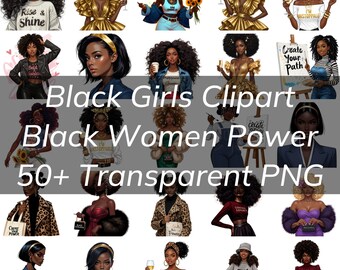 May include: A digital clipart set of 20 images featuring Black women with different hairstyles, outfits, and accessories. The images are in a cartoon style and have a white background. The text "Black Girls Clipart Black Women Power 50+ Transparent PNG" is at the bottom of the image.