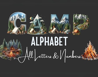 Camping Alphabet Letters Bundle, Camping PNG Letters, Numbers, Camping Clipart, Outdoor Transparent Letters PNG, Outdoor Alphabet Bundle png
