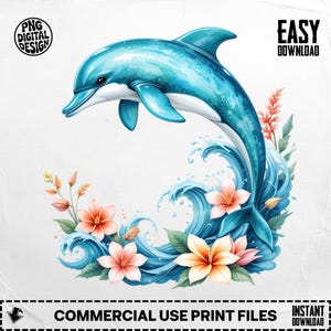 Dauphin PNG, Clipart Dauphin, océan Png, Dauphin floral, vague Png, Sublimation Png, téléchargement numérique