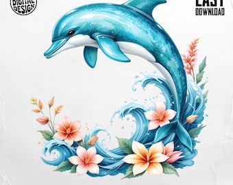 Dolphin PNG, Dolphin Clipart, Ocean Png, Floral Dolphin, Wave Png, Sublimation Png, Digital Download
