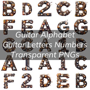 Pacote de alfabeto de guitarra, letras e números de guitarra PNG transparente Tema de rock'n roll heavy metal, letras do alfabeto com várias guitarras