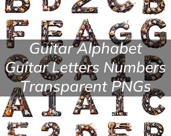 Guitar Alphabet Bundle, Guitar Letters & Numbers Transparent PNG Rock'n Roll Heavy Metal Theme, Alphabet Letters with Various Guitars