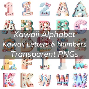 Kawaii Alphabet Bundle, bunte Kawaii Buchstaben & Zahlen, transparentes PNG, süßes Kawaii Alphabet Kawaii Theme Kinderhandwerk, Karten, Initialen