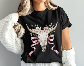 Floral Bull Skull PNG, Cow Skull Clipart, Pink Ribbon Png, Western Png, Coquette Bow Style, Digital Download, Coquette Aesthetic, Cowgirl