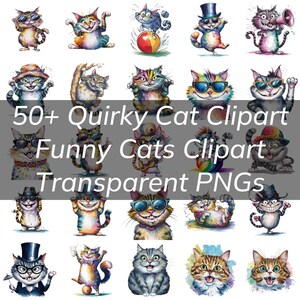 50+ Quirky Cat PNG Clipart Bundle, bunte lustige Katzen für Karten, Poster, Tassen, T-Shirts mit schrulligen verrückten Katzen, Geschenk für Katzenliebhaber