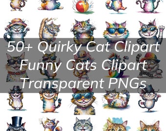 50+ Quirky Cat PNG Clipart Bundle Colorful  Funny Cats for Cards, Posters, Mugs, T-shirt with Quirky Crazy Cats, Gift for Cat Lovers