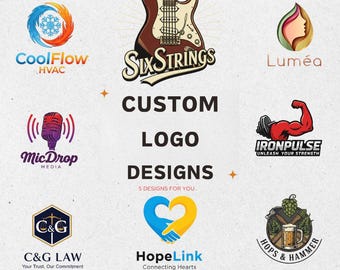 May include: A collection of custom logo designs, including logos for HVAC, a media company, a law firm, a fitness brand, and a brewery. The image features the text "CUSTOM LOGO DESIGNS" and "5 DESIGNS FOR YOU."