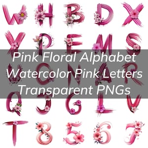 Paquete de alfabeto floral rosa acuarela, letras y números florales rosados, PNG transparente, hito de bebé rosa, fuente de niña baby shower
