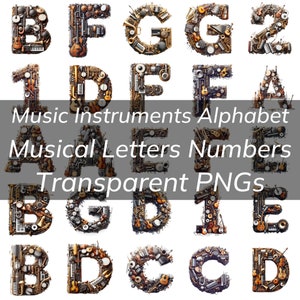 Alfabeto de instrumentos musicales, letras y números de instrumentos musicales PNG transparente, tema musical, guitarra, piano, violín, instrumentos de viento, cuerdas