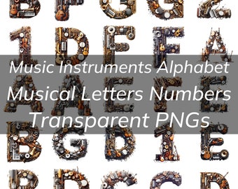 Music Instruments Alphabet Bundle, Music Instruments Letters & Numbers Transparent PNG Music Theme, Guitar, Piano, Violin, Brass, Strings