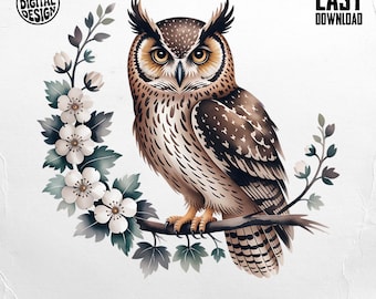 Hibou PNG, Clipart hibou, hibou floral, oiseau Png, Boho hibou, sublimation Png, téléchargement numérique