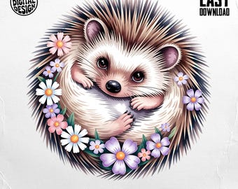 Hedgehog PNG, Cute Hedgehog, Floral Hedgehog Clipart, Animal Png, Nursery Decor, Sublimation Png, Digital Download