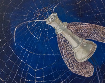 May include: A silver chess queen with wings is caught in a spider web with a spider and a euro coin. The web is on a dark blue background.