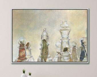 May include: A framed artwork featuring a chess set with clear glass pieces. Each piece has a unique design, with some containing small, decorative elements. The background has a soft, neutral color palette, and the frame is white.