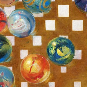 May include: A collection of colorful glass marbles with various patterns and designs, including a blue marble with a yellow swirl, a red and yellow marble, and a clear marble with a white cake inside. The marbles are arranged on a brown and white checkered surface.