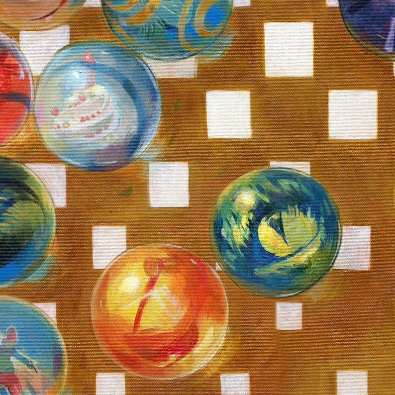 May include: A collection of colorful glass marbles with various patterns and designs, including a blue marble with a yellow swirl, a red and yellow marble, and a clear marble with a white cake inside. The marbles are arranged on a brown and white checkered surface.