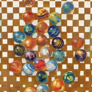 May include: A collection of colorful glass marbles with various designs and patterns, including a sailboat, a peace sign, a face, and a bird, arranged on a brown and white checkered surface.