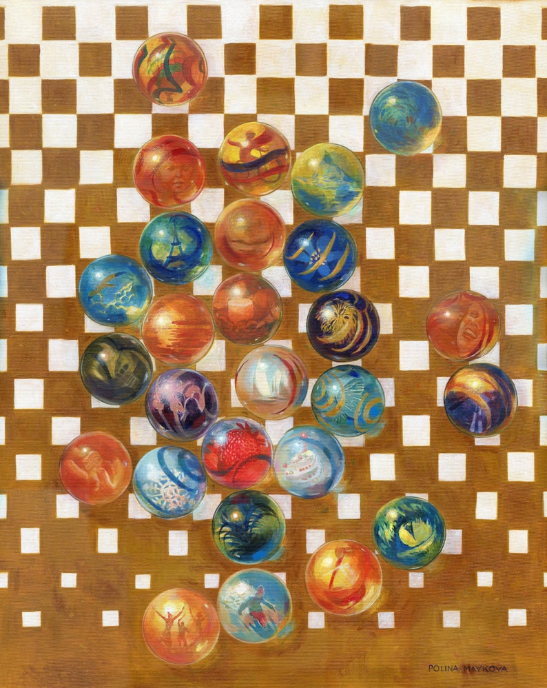 May include: A collection of colorful glass marbles with various designs and patterns, including a sailboat, a peace sign, a face, and a bird, arranged on a brown and white checkered surface.