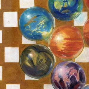 May include: A collection of six colorful glass marbles with different patterns and designs. The marbles are arranged on a brown and white checkered surface.