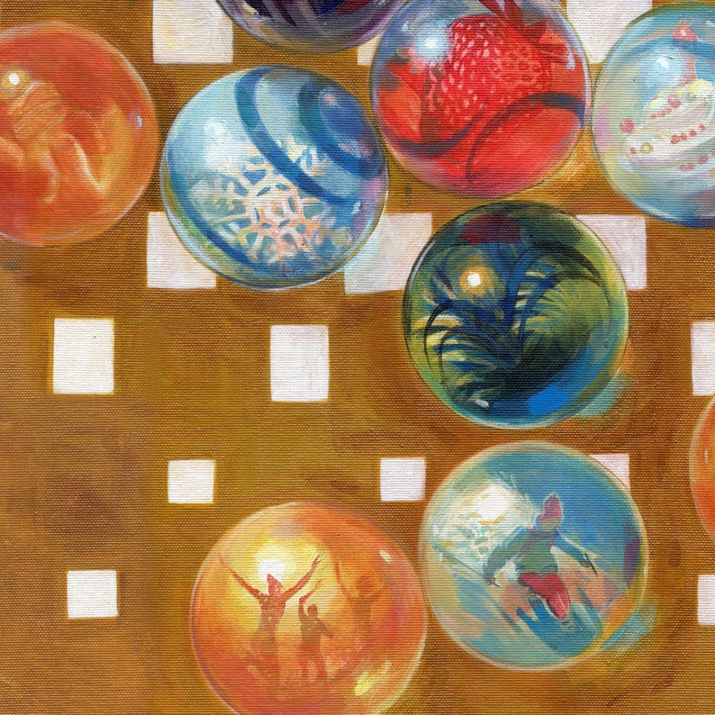 May include: A collection of colorful glass marbles with various designs and patterns, including a snowflake, a plant, and a group of people, arranged on a brown and white checkered surface.