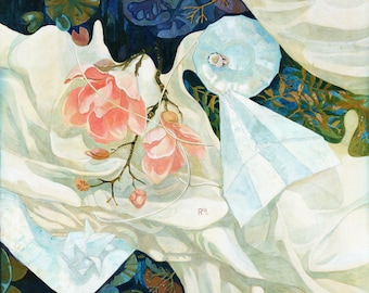 May include: An abstract painting featuring a cluster of pink magnolia blossoms with brown stems and leaves, set against a backdrop of white fabric and dark blue water lilies. A light blue rosette is also present.
