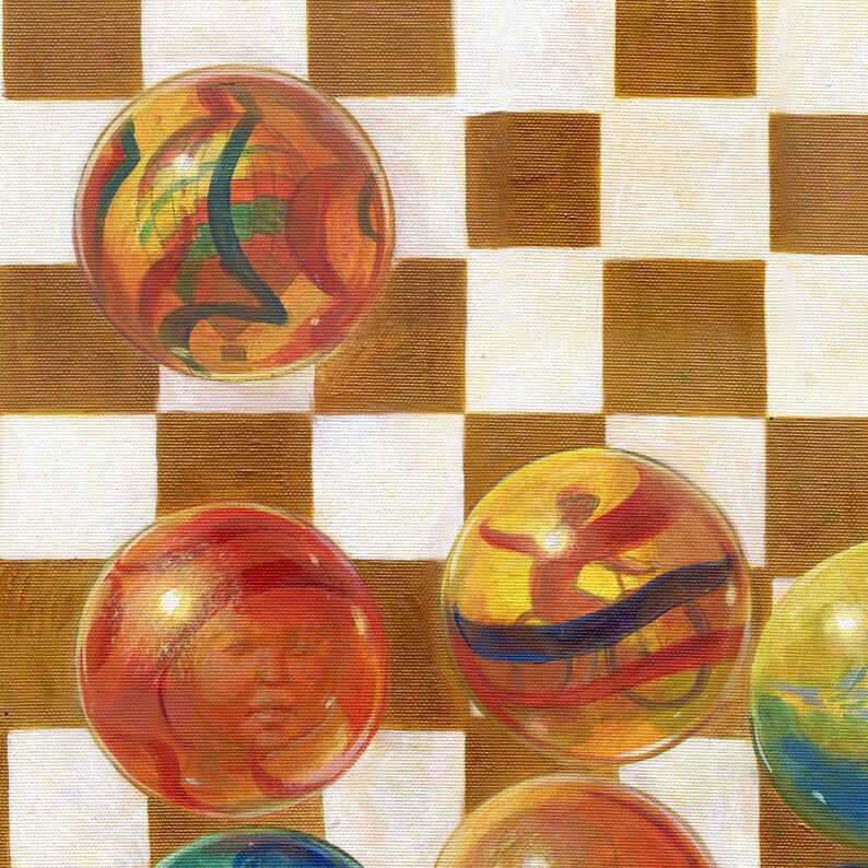 May include: A collection of colorful glass marbles with different designs and patterns inside. The marbles are arranged on a brown and white checkered surface.