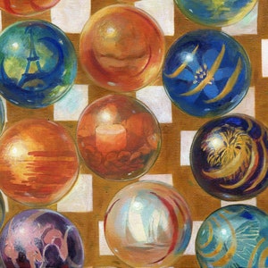 May include: A collection of colorful glass marbles with various patterns and designs, including a blue marble with a tower, a red marble with a sunset, and a purple marble with a floral design.