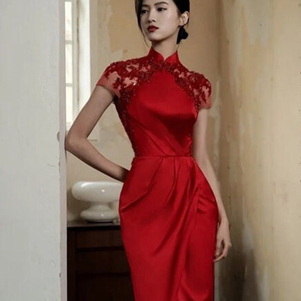 Chinese Oriental Bridal Wedding Dress | Bridal Cheongsam | Modern Qipao | Red Bridal Dress | Tea Ceremony