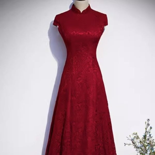 Modern Chinese Wedding Dress | Red Cheongsam | Red Qipao | Chinese Bridal Dress | Tea Ceremony | Chinese Bride | A-Line Lace Qipao
