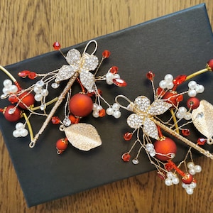 Rot Gold Chinesische Hochzeit Braut Haarschmuck | Chinesische Hochzeit Haarnadel | Chinesischer Braut Haarclip | Orientalische Braut Ohrringe