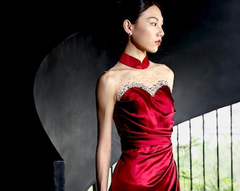 Qipao vermelho para noiva | Vestido de noiva chinês moderno | Noiva chinesa | Cerimônia do chá